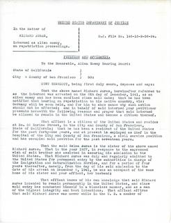 Petition and Affidavit By Curt Benedict arguing for overturn of denial of release of Richard Auras from Internment, 1946