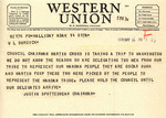 Telegram from Justin Spotted Bear to Representative Burdick Regarding Delegates Sent to Washington, D.C., May 14, 1951