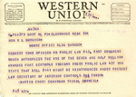 Telegram from Martin Cross to Representative Burdick Regarding US Public Law 843, December 29, 1951