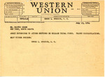 Telegram from Representative Burdick to Martin Cross Declining Invitation to Meeting July 15-17 Regarding Release of Tribal Funds Held in Trust in US Treasury, July 15, 1954