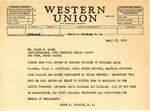 Telegram from Representative Burdick to Ralph M. Shane Regarding Children Denied Enrollment to the Three Affiliated Tribes, April 27, 1955 by Usher Burdick