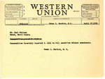 Telegram from Representative Burdick to Carl Whitman, Jr. Regarding Status of US Senate Bill 2151, April 27, 1956 by Usher Burdick