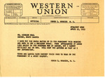 Telegram from Representative Burdick to Bigelow Neal Regarding Sanish Relocation, April 23, 1953