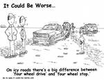 On icy roads there's a big difference between 'four wheel drive' and 'four wheel stop.' by Steve Edwards