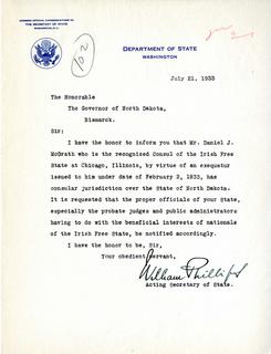Letter from Secretary of State to Governor Langer Regarding the Irish Free State, 1933