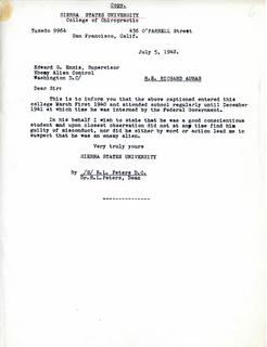 Letter from Sierra States University Dean R. L. Peters to Enemy Alien Control Supervisor Edward G. Ennis regarding Richard Auras, 1942