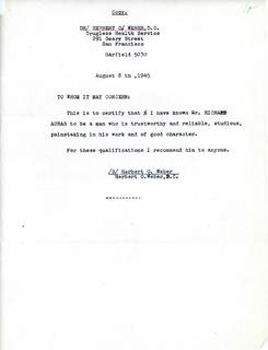 Letter from Herbert O. Weber regarding Richard Auras's character, 1945
