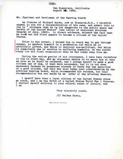 Letter from Helene Dietz to "Hearing Board" Requesting Reconsideration of the Arrest and Internment of Richard Auras, 1945