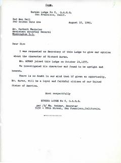 Letter from Secretary of Eureka Lodge NO. 6 Wm. Rehker to Assistant Attorney General Herbert Wechsler regarding Richard Auras, 1945