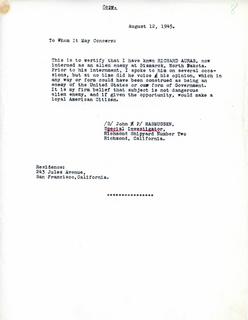 Letter from Richmond, CA Shipyard Number Two Special Investigator John Rasmussen regarding Richard Auras's Character, 1945