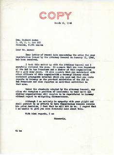 Letter from William Langer to Richard Auras in Reply to Auras's Letter Regarding His Interment Status Decision, 1946