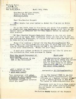 Letter from Richard Auras to Senator Langer in reply to Langer's letter of March 11, 1946