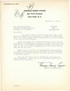 George Payne to Governor Langer regarding Hitler's Germany, 1933