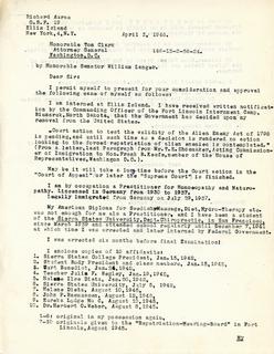 Letter from Richard Auras to Senator Langer and Attorney General Clark Requesting Six Month's "Parole" from Internment for the Purpose of Completing Chiropractic Course, 1946