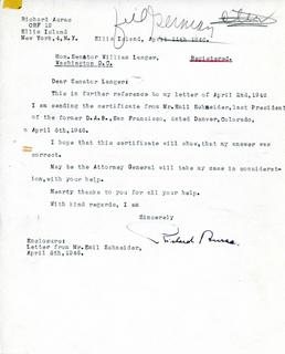 Letter from Richard Auras to Senator Langer Regarding Claimed involvement with D.A.B, 1946