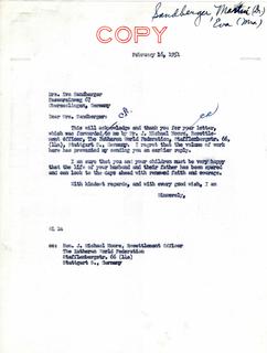 Letter from Senator Langer to Eva Sandberger regarding the Sparing of the Life of Her Husband, Martin Sandberger, 1951
