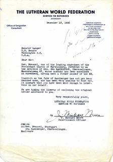 Letter from Resettlement Officer Michael Moore of Lutheran World Federation to Senator Langer Expressing Eva Sandberger's Anxiousness to Learn the Fate of Her Husband, Marting Sandberger, 1950
