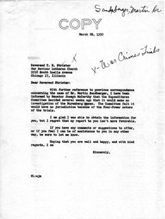 Letter from Senator Langer to Pastor T. W. Strieter Regarding Martin Sandberger, March 22, 1950