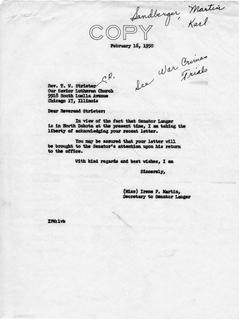 Letter from Senator Langer's Secretary Irene Martin to T. W. Strieter Acknowledging Receipt of Strieter's Letter, February 16, 1950