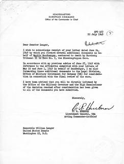 Letter from Lt. Gen. Clarence Huebner, Commanding General of U.S. Army, Europe, to Senator Langer in Reply to Langer's Letter of June 24 Regarding Martin Sandberger, July 7, 1949