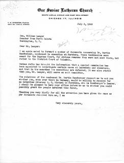 Letter from Senator Langer to Pastor T. W. Strieter regarding Martin Sandberger Case, July 2, 1949