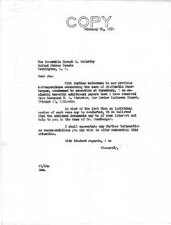 Letter from Senator Langer to Senator McCarthy forwarding Documents regarding Martin Sandberger from Reverend Strieter, 1950