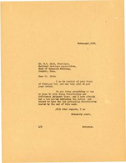 Governor Langer to the National Drainage Association regarding Farm Foreclosures, 1933