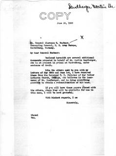 Letter from Senator Langer to Lt. Gen. Clarence Huebner, Commanding General of U.S. Army, Europe, Conveying Additional Materials Attesting to the Innocence of Martin Sandberger, June 24, 1949