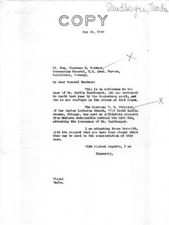 Letter from Senator Langer to Lt. Gen. Clarence Huebner, Commanding General of U.S. Army, Europe, Conveying Affidavits Attesting to the Innocence of Martin Sandberger, May 25, 1949