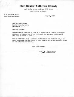 Letter from Pastor T. W. Strieter to Senator Langer Regarding Martin Sandberger, Forwarding More Affidavits, May 24, 1949