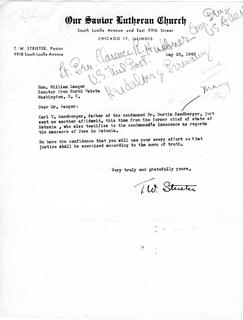 Letter from Pastor T. W. Strieter to Senator Langer Regarding Martin Sandberger, Forwarding Affidavit from Sandbergers Father, May 20, 1949,