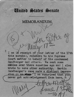 Memorandum with text from Senator Langer to Pastor T. W. Strieter regarding Martin Sandberger Case, June 1, 1949