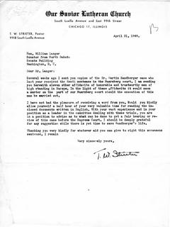 Letter from Pastor T. W. Strieter to Senator Langer Regarding Martin Sandberger, Forwarding 11 Affidavits, Requesting Langer's reply, April 21, 1949