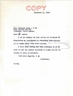 Letter from Senator Langer to internee Richard Auras, 1945