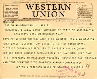 Telegram from Illinois Mayor to Governor Langer about Great Lakes Naval Training Station, 1933