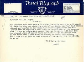 Telegraph to Gov. Langer from Oklahoma Governor regarding textbooks, 1933