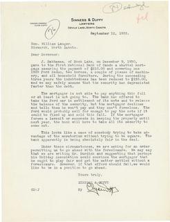 Letter to Governor Langer regarding Foreclosure Moratorium, 1933
