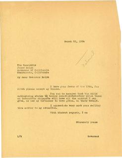 Governor Langer Response to California Governor Regarding Non-Discriminatory Sales Tax Bill, 1934