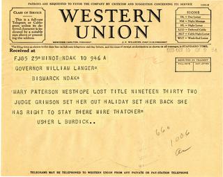 Telegram from Usher Burdick to Governor Langer, 1933