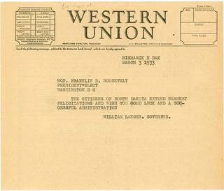 Congratulatory Telegram to President Roosevelt, 1933