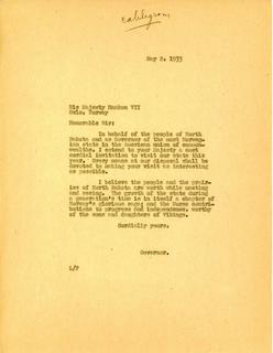 Telegram from Governor Langer to King Haakon VII of Norway, 1933