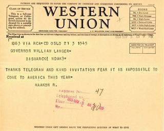 Telegram from King Haakon VII to Governor Langer, 1933