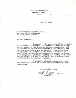 Letter from Wisconsin Governor regarding the Grain and Warehouse Commission, 1933