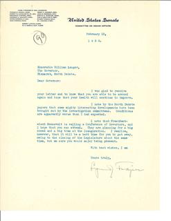 Letter from U.S. Senator (North Dakota) Lynn J. Frazier to Governor Langer urging him to attend planned governor conference. (1933)