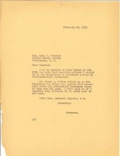 Governor Langer's response to U.S. Senator Lynn Frasier's letter Regarding Governors' Conference, 1933.