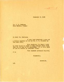 Letter from Governor Langer to M. L. Beckman regarding a visit to Clay Center, Kansas, 1933.