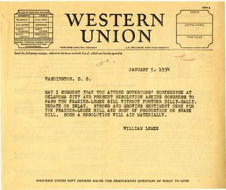 Letter from Representative William Lemke to Governor Langer, 1934