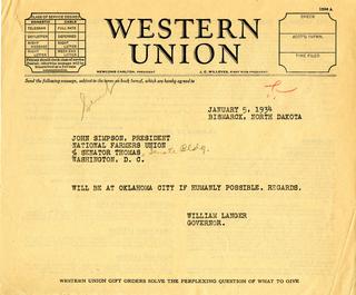 Telegram From Governor Langer to John Simpson of the National Farmers Union, 1934