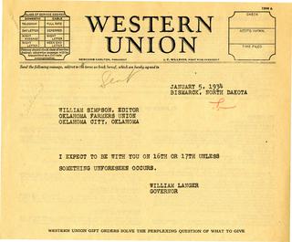 Telegram from Governor Langer to Oklahoma Farmers Union Editor William Simpson of the Oklahoma Farmers Union, 1934