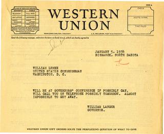 Telegram from Governor Langer to U.S. Congressman from North Dakota William Lemke Regarding Governors' Conference, 1934